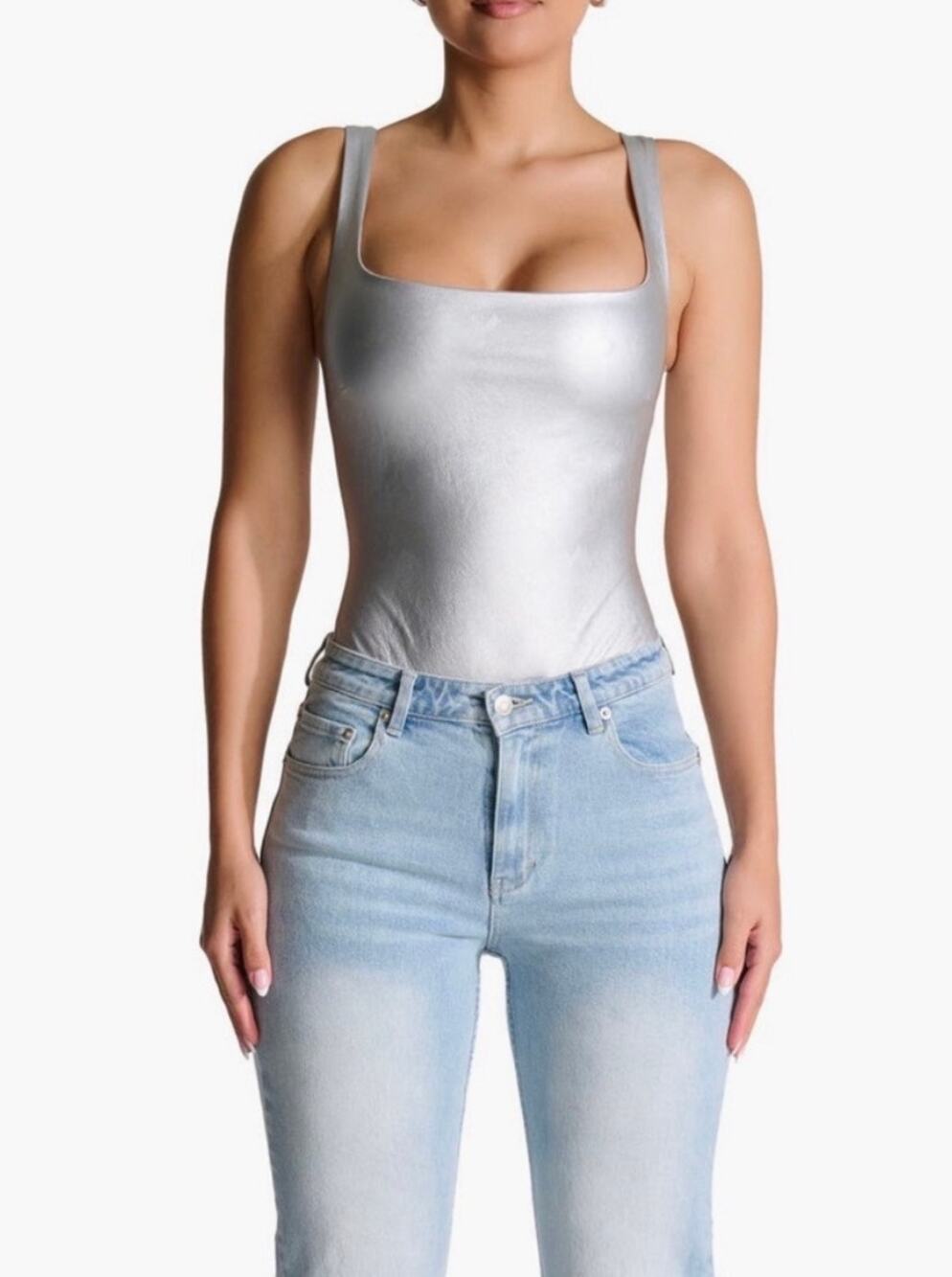 Naked Wardrobe | Silver Faux Leather Bodysuit Plus 2X Party Y2K Rave Glam